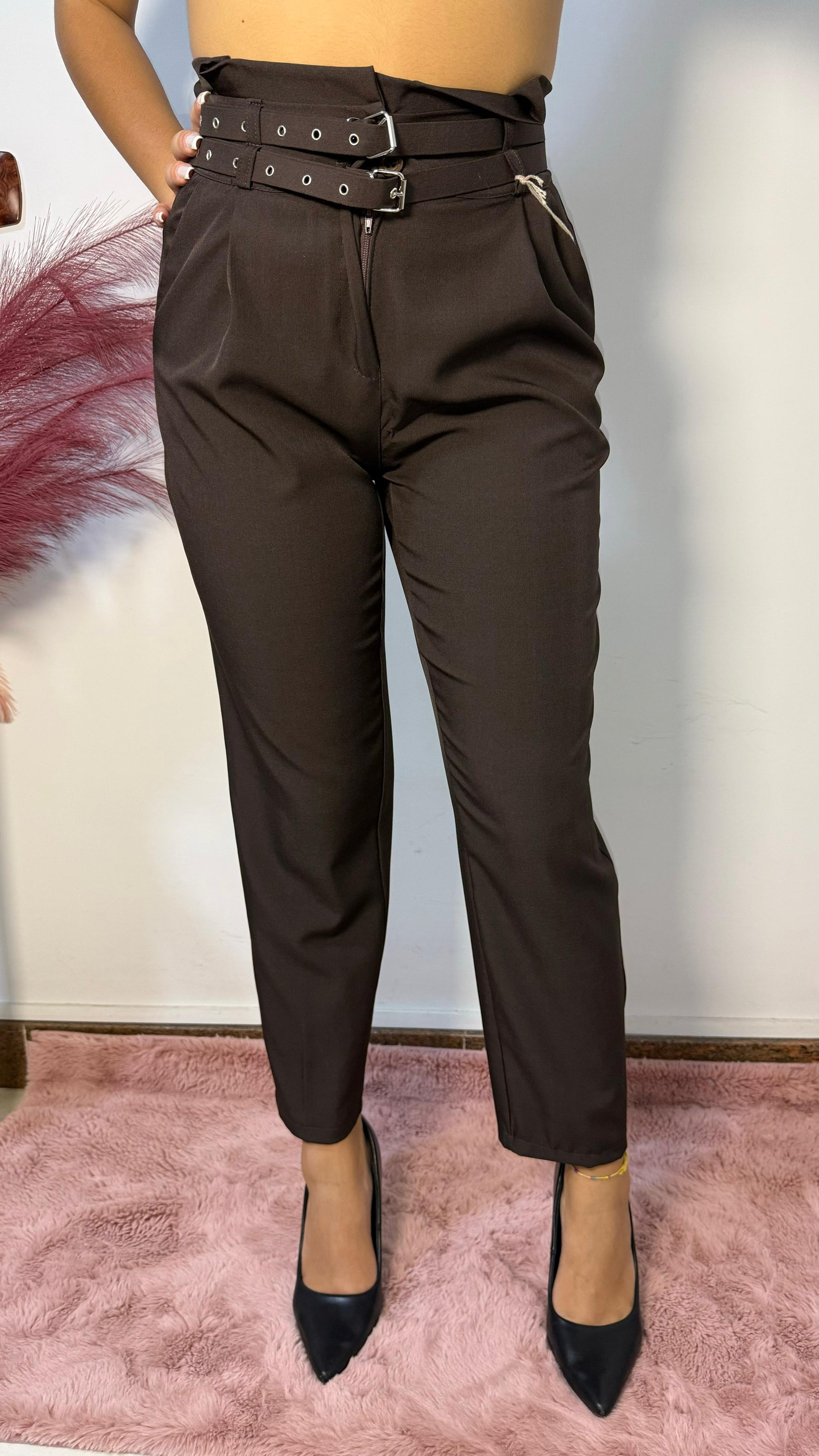 Pantalone a Sigaretta con Fibbie - Marrone