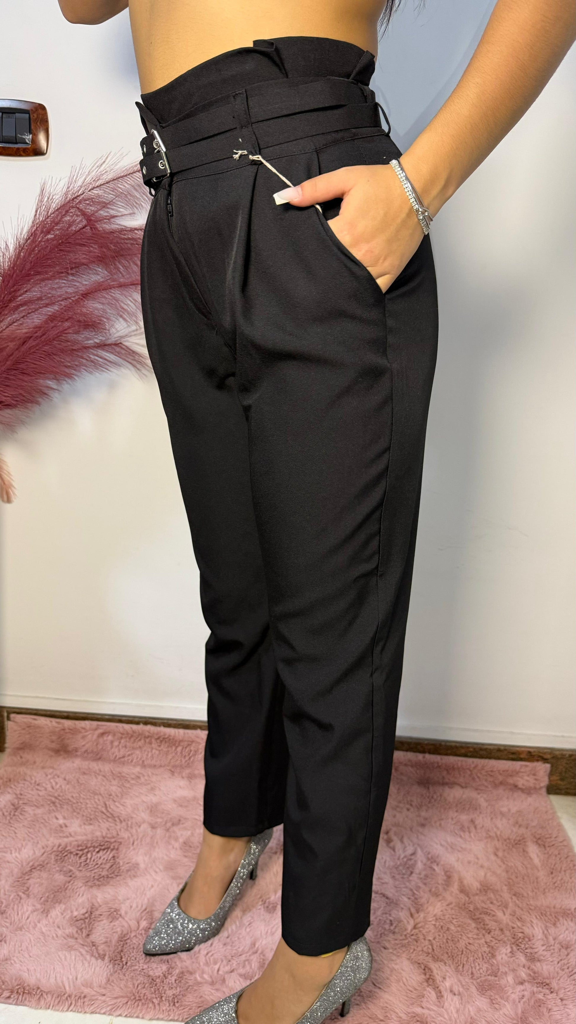 Pantalone a Sigaretta con Fibbie - Nero