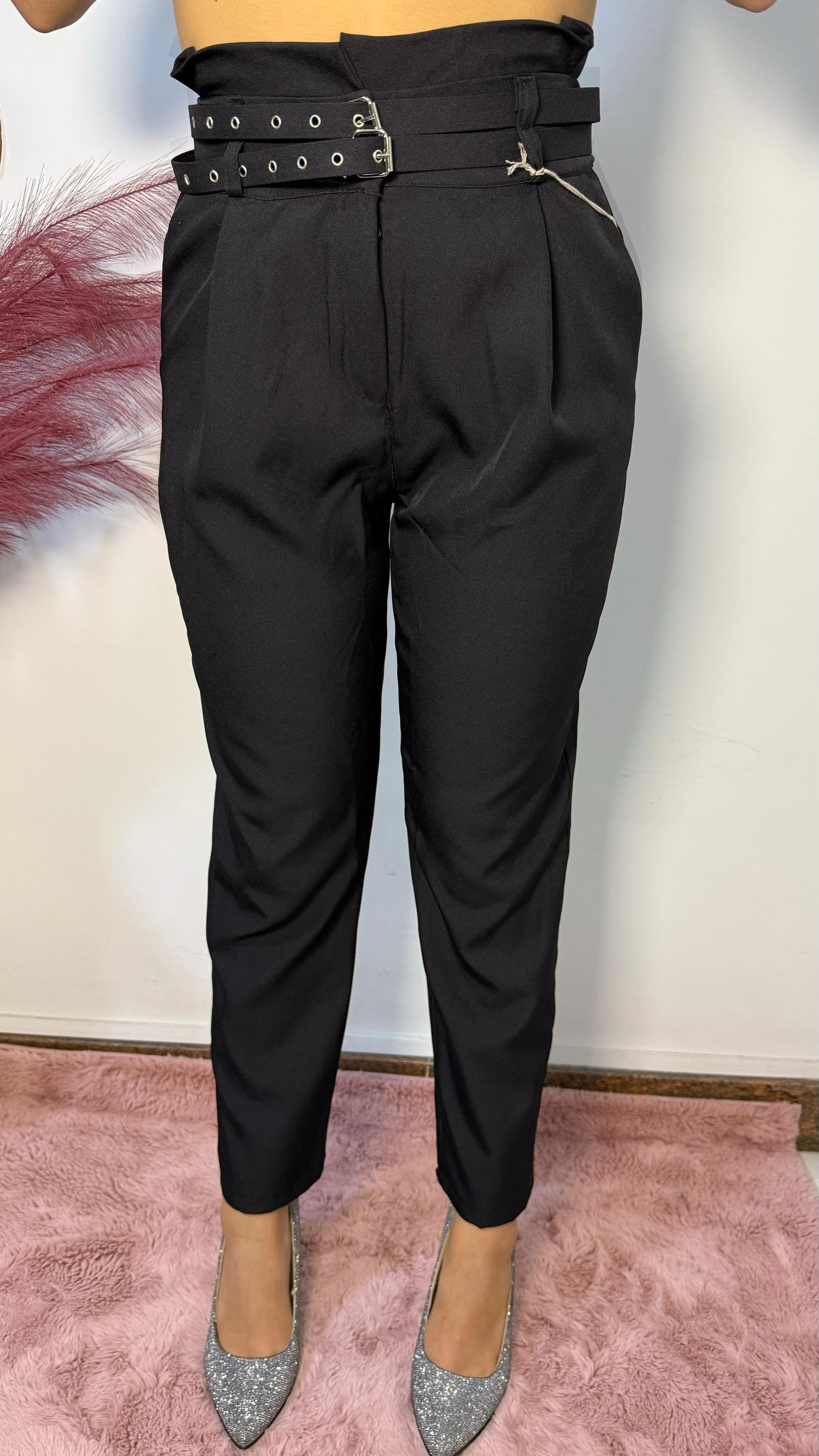 Pantalone a Sigaretta con Fibbie - Nero