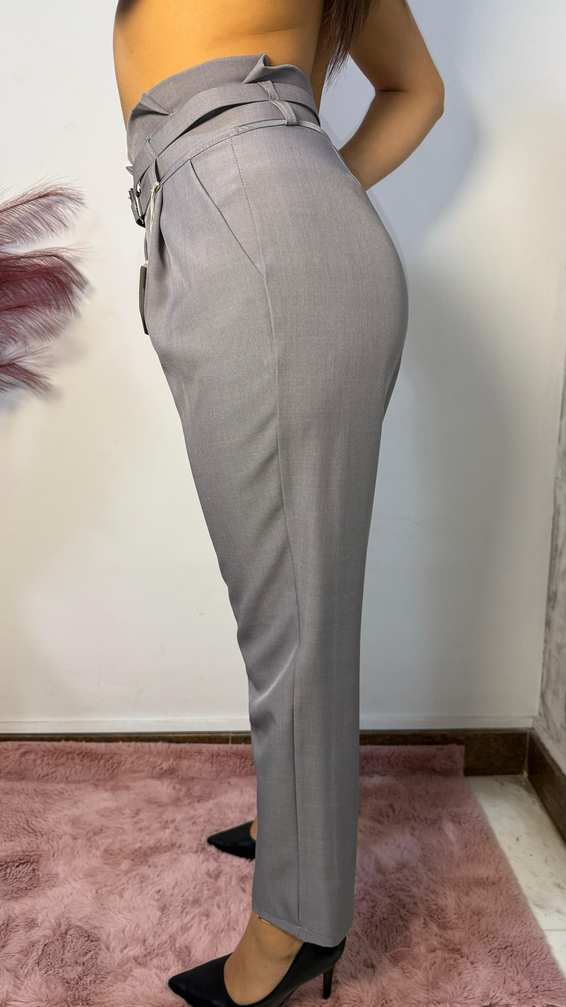 Pantalone a Sigaretta con Fibbie - Grigio