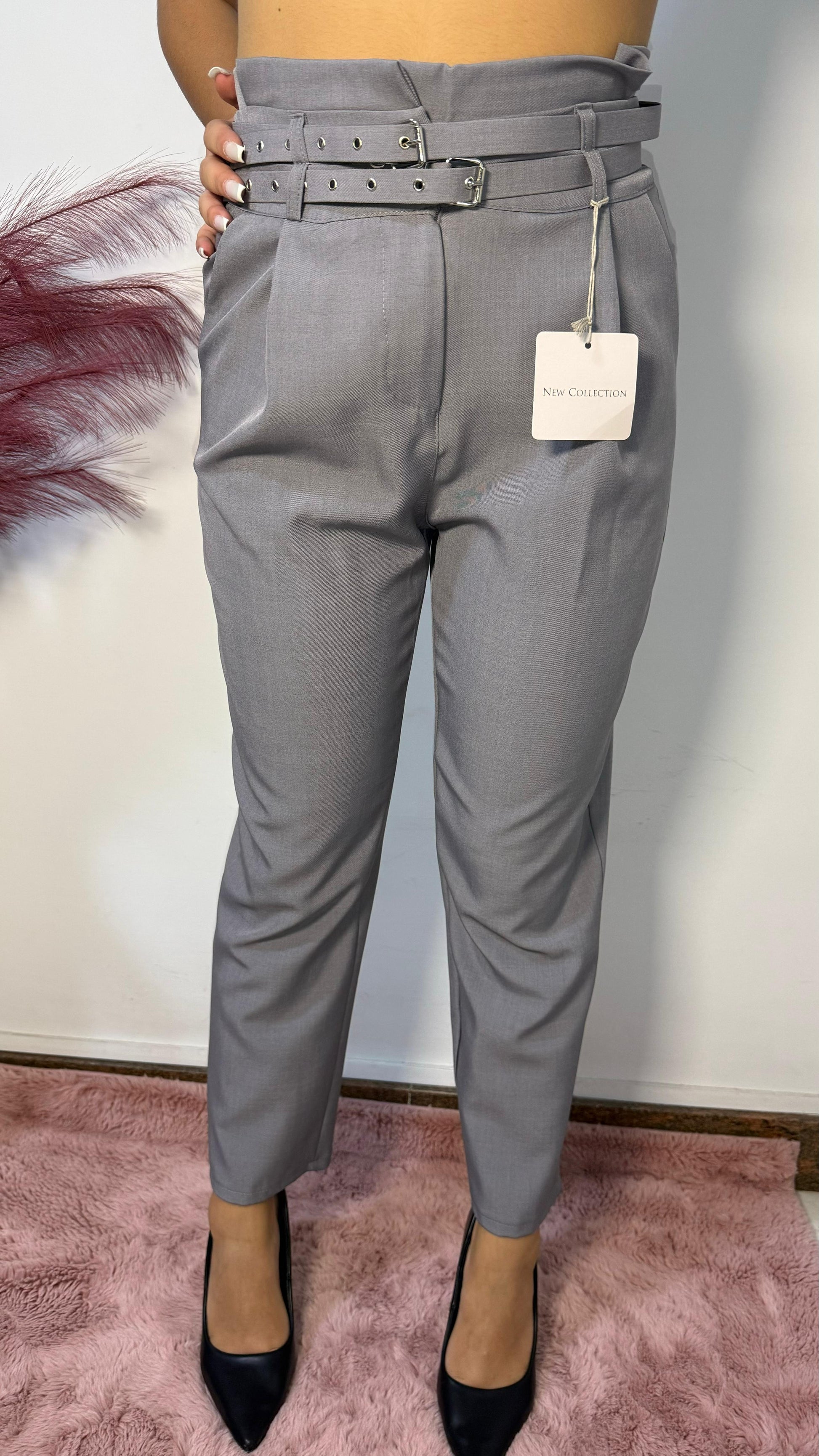 Pantalone a Sigaretta con Fibbie - Grigio