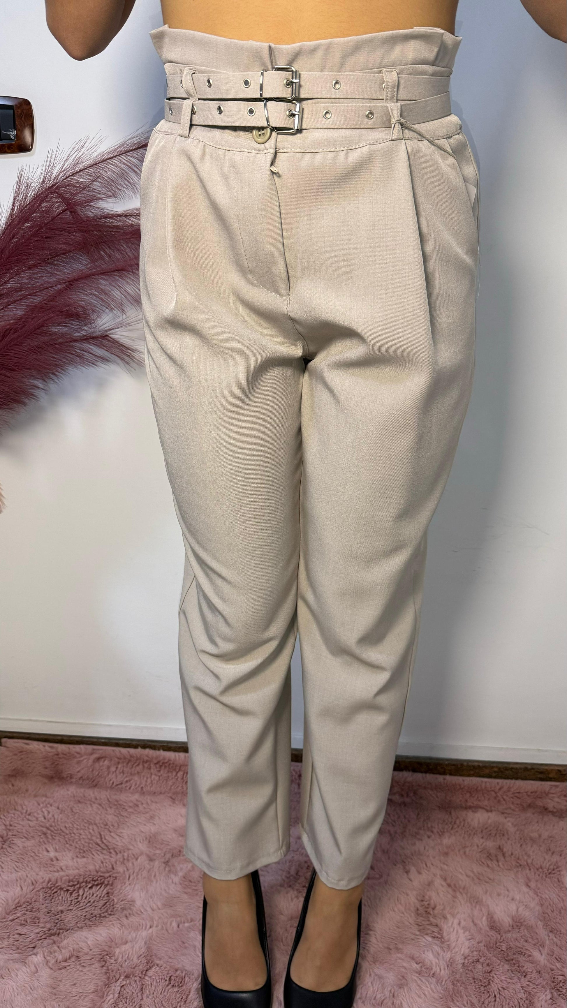 Pantalone a Sigaretta con Fibbie - Panna
